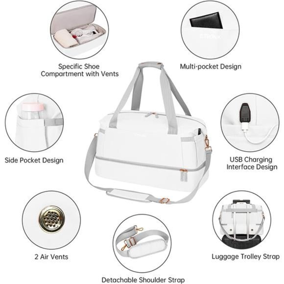 Gym Bag for Women Sports Travel Duffel w/ USB Charging Port Weekender Overnight - Picture 6 of 8